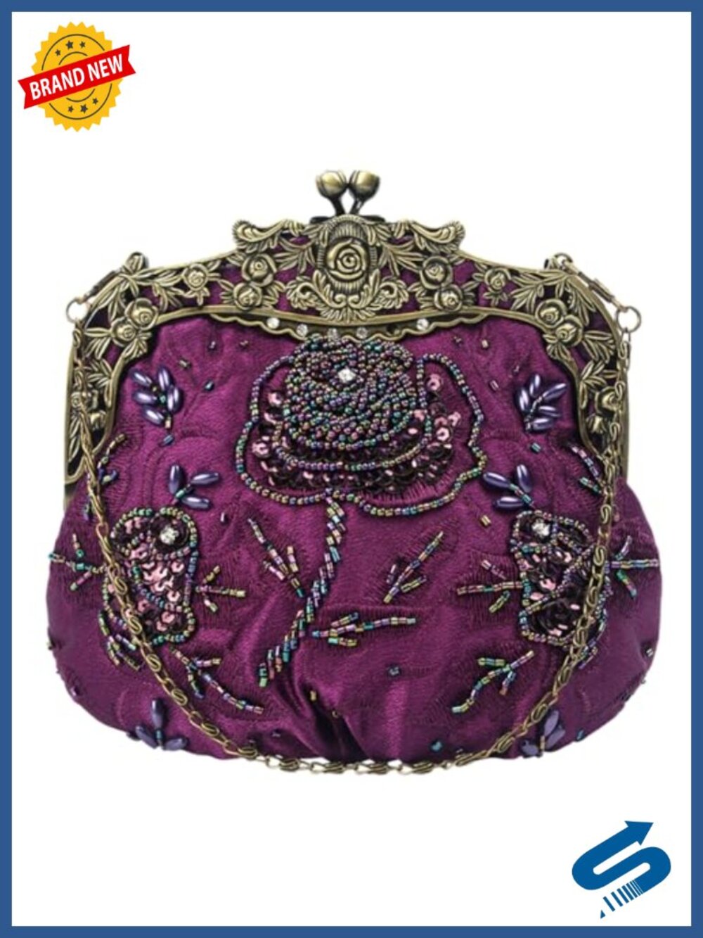 Vintage Beaded Sequin Flower Evening Handbag Clutch with Chain
